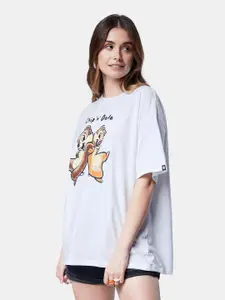 The Souled Store Women White Printed Drop-Shoulder Sleeves Oversize Cotton Oversized T-shirt