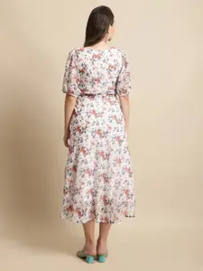 Fabflee Floral Keyhole Neck Georgette Midi Dress