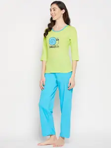 Clovia Women Green & Blue Printed Night suit