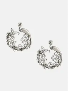 ATIBELLE Silver-Plated Oxidised Peacock Shaped Half Hoop Earrings