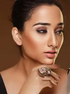 Priyaasi Women Gold-Plated Stone Studded Peacock Finger Ring