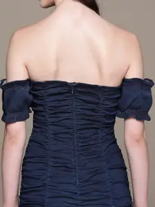 bebe Dark Navy Denim Daze Off-Shoulder Ruched Bodycon Mini Dress