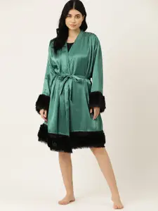 ETC Women Satin Finish Faux Fur Trim Robe with Belt