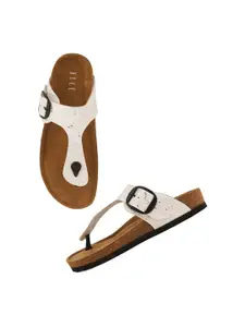 ELLE Women Textured Leather T-Strap Flats With Buckle Detail