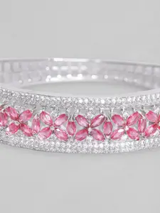 Rubans Silver-Plated Ruby Pink & Cubic Zicronia Studded Bangle-Style Bracelet