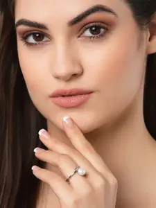 KARATCART Silver-Plated AD-Studded Artificial Beaded Adjustable Finger Ring