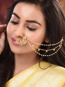 Saraf RS Jewellery Gold-Plated Kundan-Studded  & Beaded Floral Nose Ring