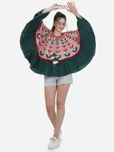 MESMORA FASHION Women Round Neck Floral Cotton Poncho with Embroidered Detail