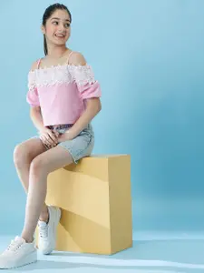 pspeaches Girls Cold-Shoulder Sleeves Cotton Crop Top