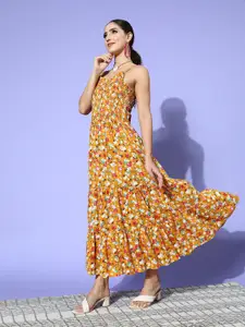 Ishin Mustard Floral Printed Smocked Tiered Maxi Fit & Flare Dress