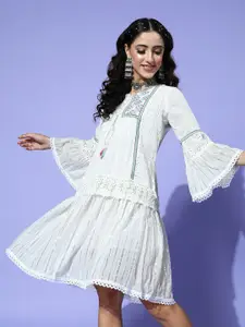 Ishin White Schiffli Self Design Tie-Up Neck Bell Sleeves Cotton Drop-Waist Dress
