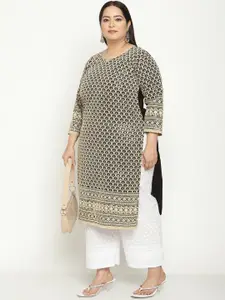 KALINI Women Plus Size Ethnic Motifs Embroidered Cotton Straight Kurta