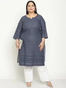 KALINI Women Plus Size Notch Neck Emblellished Chikankari Pure Cotton Kurta