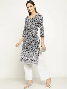 KALINI Women Geometric Printed Thread Work Cotton Kurta