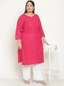 KALINI Women Plus Size Ethnic Motifs Embroidered Sequined Cotton Kurta
