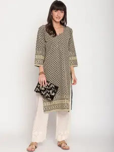 KALINI Women Sequined Ethnic Motifs Printed Notch Neck Cotton Kurta