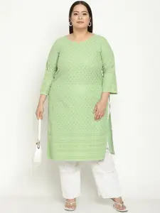 KALINI Women Plus Size Embroidered Notch Neck Chikankari Cotton Kurta