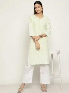 KALINI Women Embroidered Notch Neck Chikankari Pure Cotton Kurta