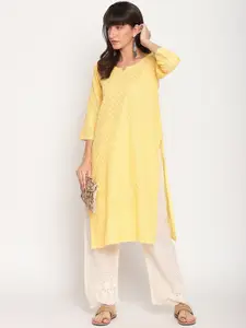 KALINI Women Embellished Notched Neck Sequined Cotton Kurta