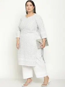 KALINI Women Plus Size Ethnic Motifs Embroidered Sequined Cotton Chikankari Kurta