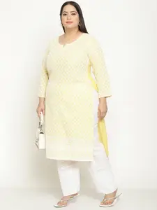 KALINI Women Plus Size Ethnic Motifs Embroidered Notched Neck Cotton Chikankari Kurta