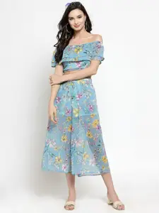 Sera Blue Floral Print Off-Shoulder Layered Bardot Crop Top