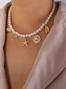 Jewels Galaxy Brass Gold-Plated Pearl Studded Contemporary Necklace