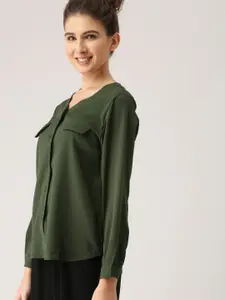 DressBerry Women Olive Green Regular Fit Solid Casual Shirt
