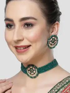 KARATCART Gold-Plated Kundan-Studded Beaded Necklace & Earring Jewellery Set