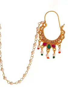 Silvermerc Designs Gold-Plated Stone-Studded & Beaded Chained Nose Ring