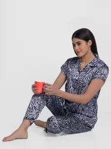 NOIRA Abstract Printed Satin Night Suit