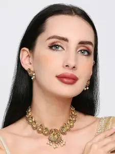 OOMPH Gold-Plated Stone Studded & Beaded Peacock Design Necklace and Earrings