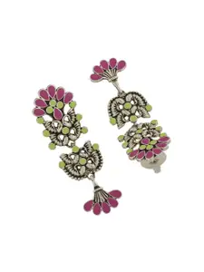 Estele Rhodium-Plated Oxidised Peacock Shaped Drop Earrings