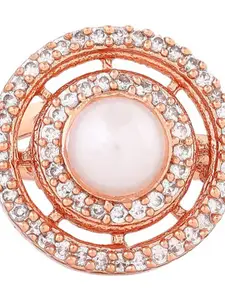 Estele Rose Gold-Plated CZ-Studded & Pearl Beaded Adjustable Finger Ring