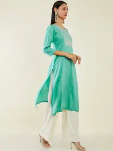 Soch Embroidered Yoke Design V-Neck With Mirror Work Straight Kurta