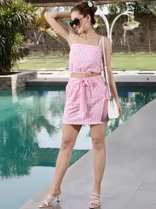 Sera Women Checked Pure Cotton Crop Top With Mini Skirt