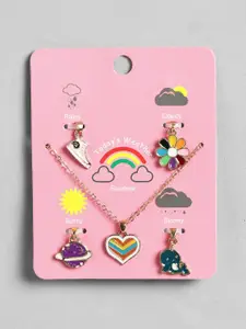 EL REGALO Girls Pack Of 5 Gold-Plated Contemporary Stone Studded Pendants With Chain