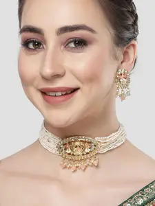 KARATCART Gold-Plated Kundan Stone-Studded & Beaded Choker Necklace Set