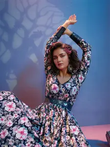 Sangria Floral Printed Natural Crepe Semi-Stitched Anarkali Gown