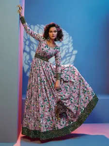 Sangria Floral Printed Natural Crepe Semi-Stitched Anarkali Gown