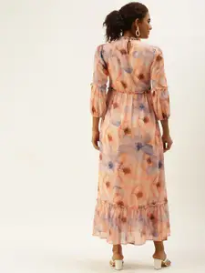 Sangria Mock Neck Frill Floral Printed Fit & Flared Midi Dress