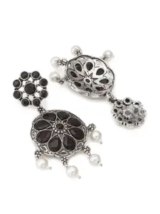 aadita Silver-Plated Stone-Studded & Beaded Floral Shaped Drop Earrings