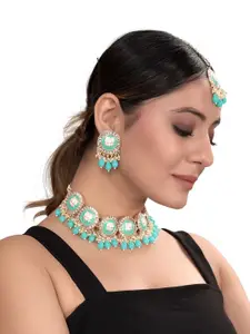 aadita Gold-Plated Stone Studded & Beaded Necklace and Earrings & with Maang Tika
