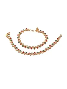 I Jewels Set Of 2 Gold-Plated Stone Studded Anklets