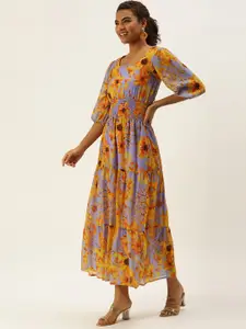 Sangria Floral Printed Square Neck Smocked Tiered Midi Fit & Flared Dress
