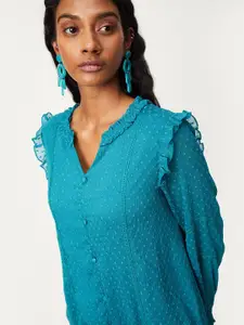 max Self Design Round Neck Ruffles Detail Top