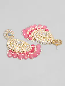 Rubans 22K Gold Plated Kundan Stone & Pink Beaded Bridal Long Necklace Set with Maangtikka