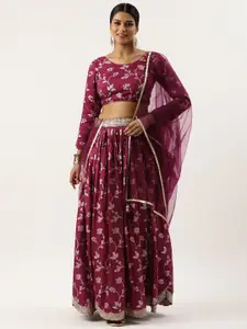 Fabcartz Purple & Bronze-Toned Printed Mirror Work Semi-Stitched Lehenga & Unstitched Blouse With Dupatta