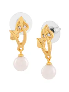 Estele Gold-Plated Stone Studded & Beaded Leaf Shaped Studs Earrings