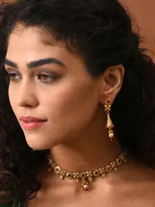 SOHI Gold-Plated Stones Studded Necklace & Earrings Set